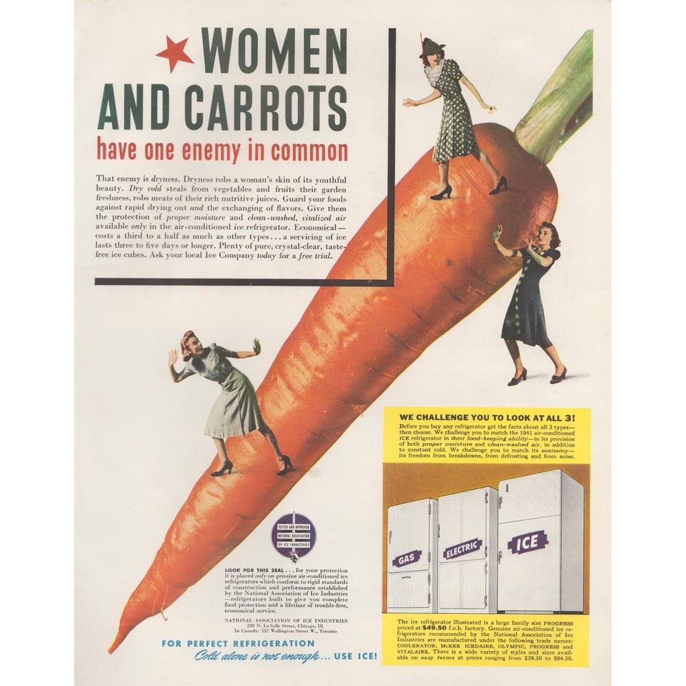 Vintage 1941 Ice Refrigerator Print Ad Giant Carrot WWII Kitchen Decor